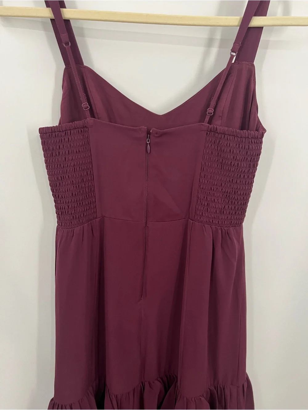 Abercrombie & Fitch Maroon Matte Satin Tiered Ruffle Maxi Dress